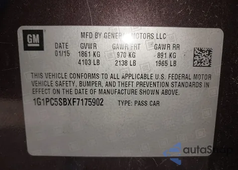 2015 Chevrolet Cruze Lt from USA, damaged, VIN 1G1PC5SBXF7175902